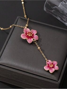 Gold Chain Pink Floral Pendant Necklace - Women Jewelry